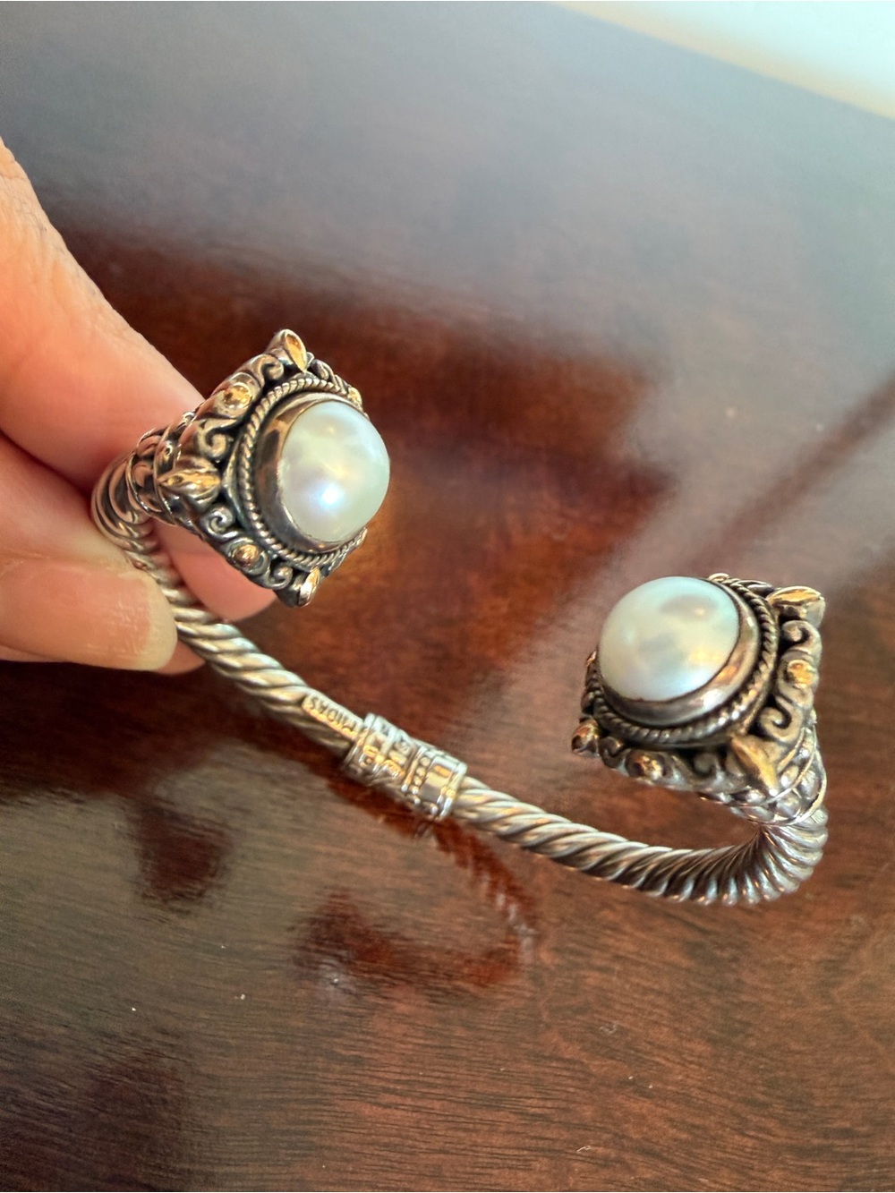 vintage midas sterling silver 14k pearl cuff bracelet